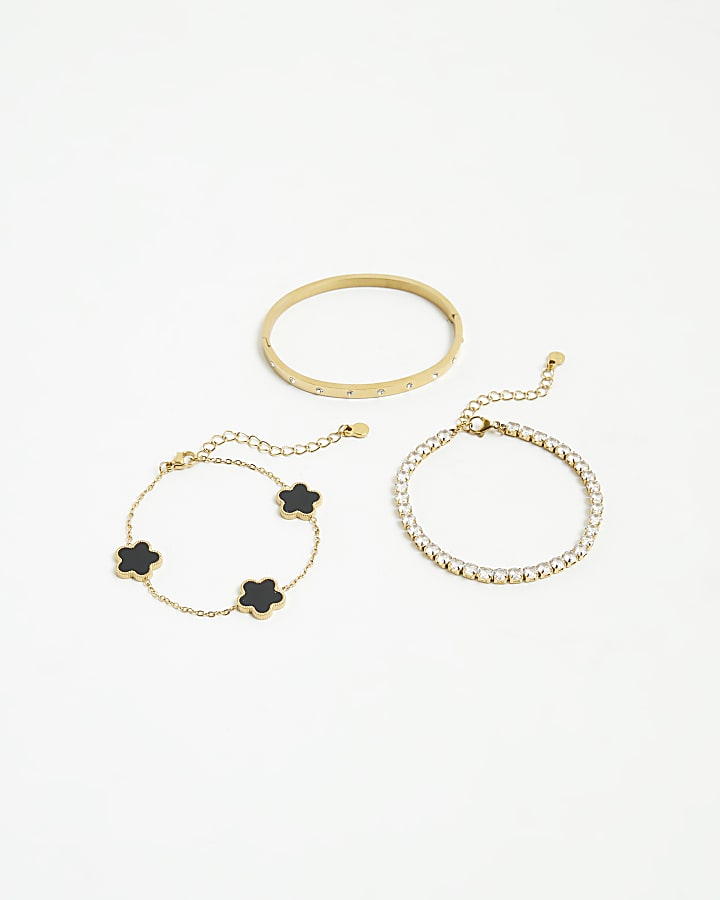 Gold 3 Pack Diamante Flower Bracelets