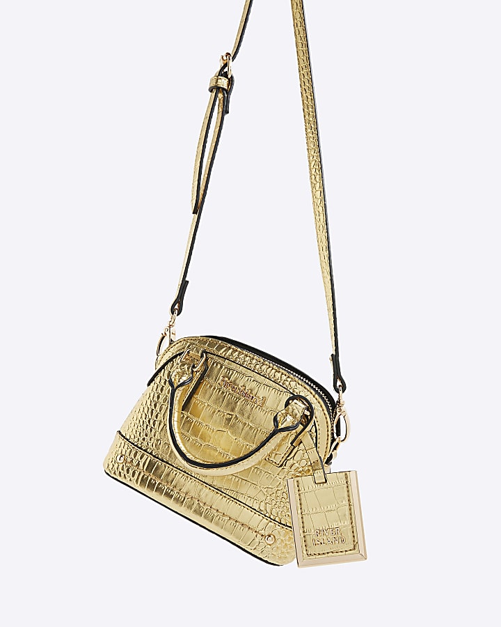 Gold Mini Croc Texture Cross Body Bag