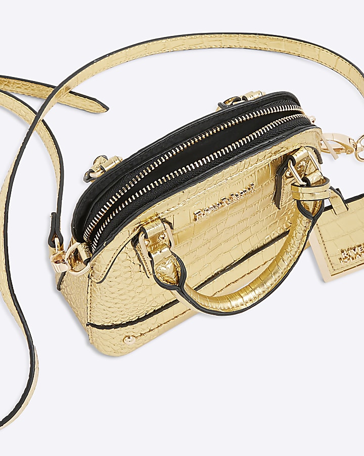 Gold Mini Croc Texture Cross Body Bag