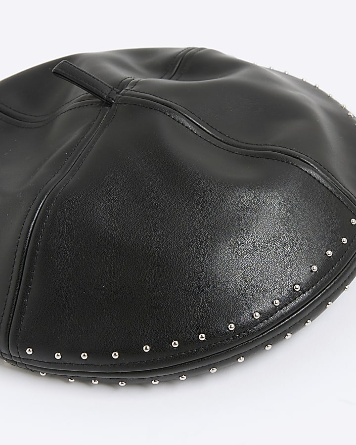 Black Faux Leather Stud Beret