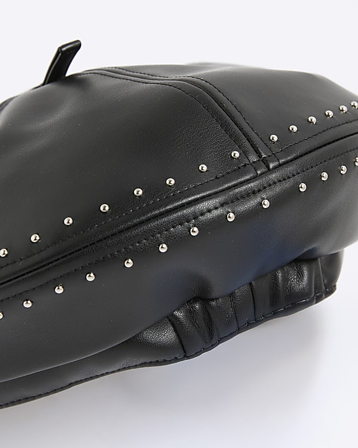 Black Faux Leather Stud Beret
