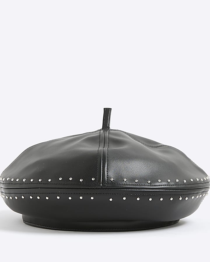 Black Faux Leather Stud Beret
