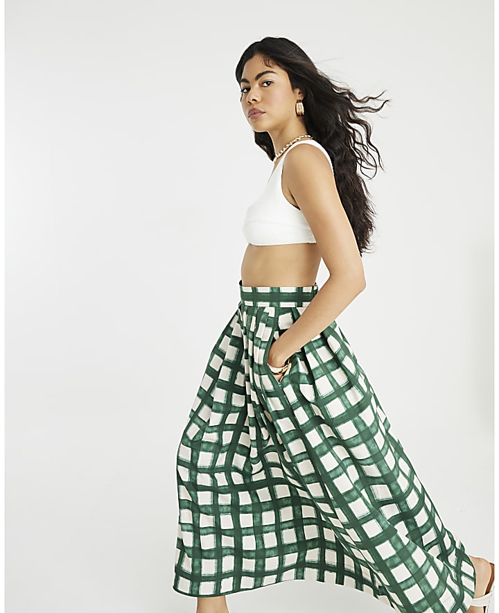 Green Check Midi Skirt