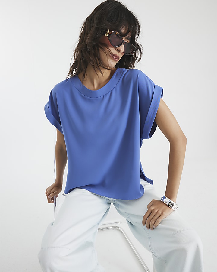 Blue Turn Back Drape Sleeve T-Shirt