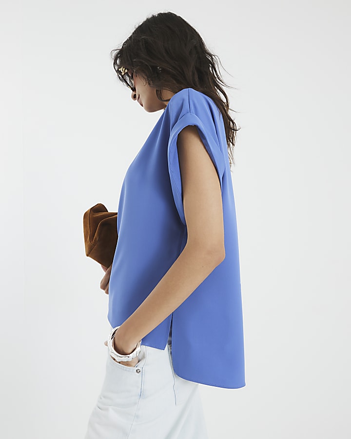 Blue Turn Back Drape Sleeve T-Shirt