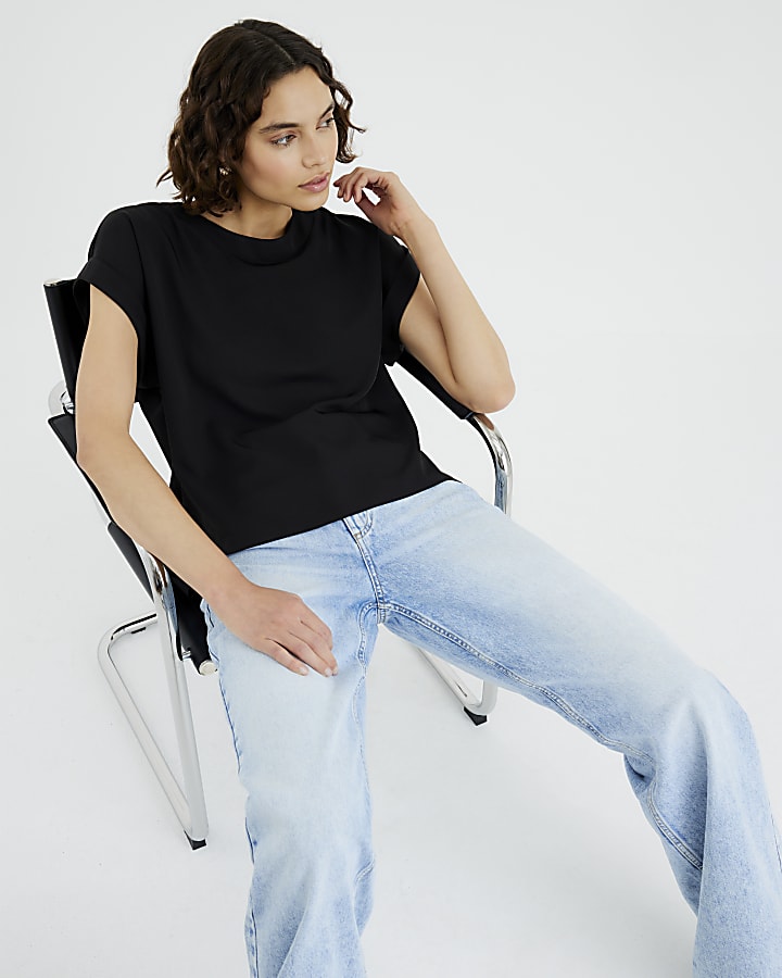 Black Crepe Turn Back Cuff T-Shirt