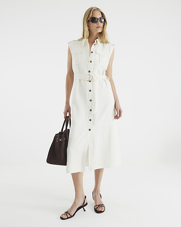 White Premium Midi Utility Shirt Dress