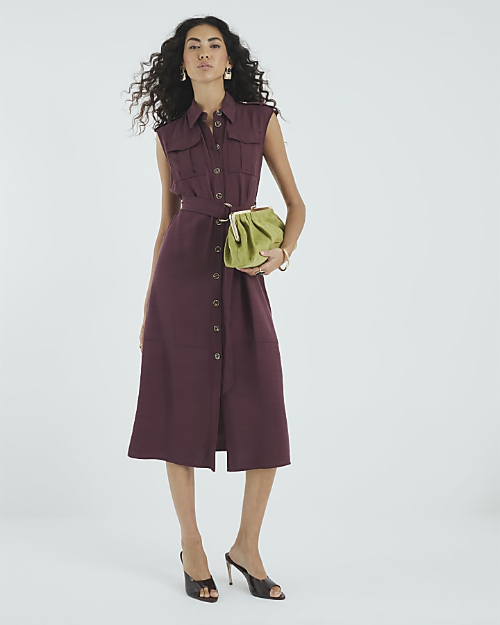 Purple Premium Midi Utility Shirt Dress