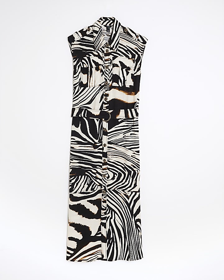 Black Zebra Print Sleeveless Midi Shirt Dress