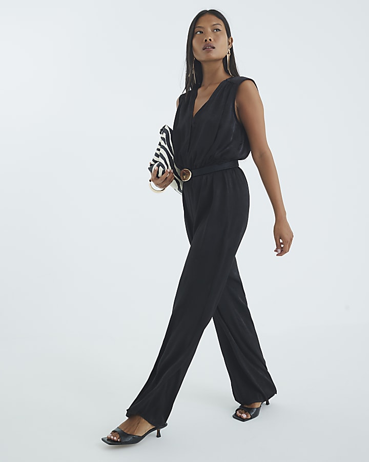 Petite Black Sleeveless Wrap Front Jumpsuit