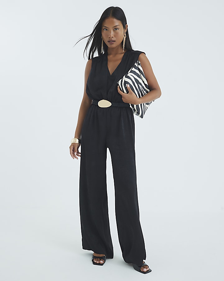 Petite Black Sleeveless Wrap Front Jumpsuit
