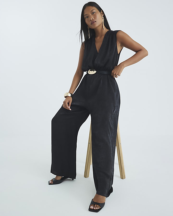 Petite Black Sleeveless Wrap Front Jumpsuit