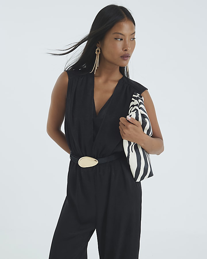 Petite Black Sleeveless Wrap Front Jumpsuit