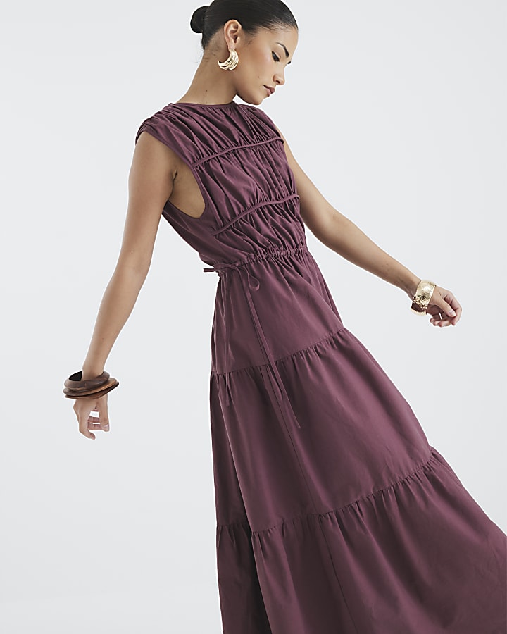 Petite Purple Drawstring Tiered Maxi Dress