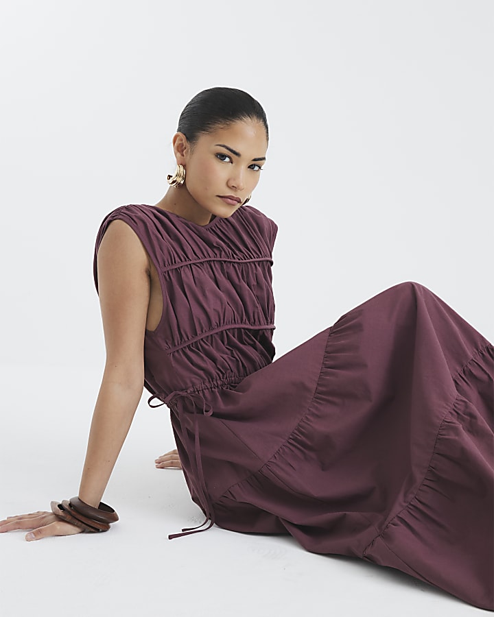 Petite Purple Drawstring Tiered Maxi Dress