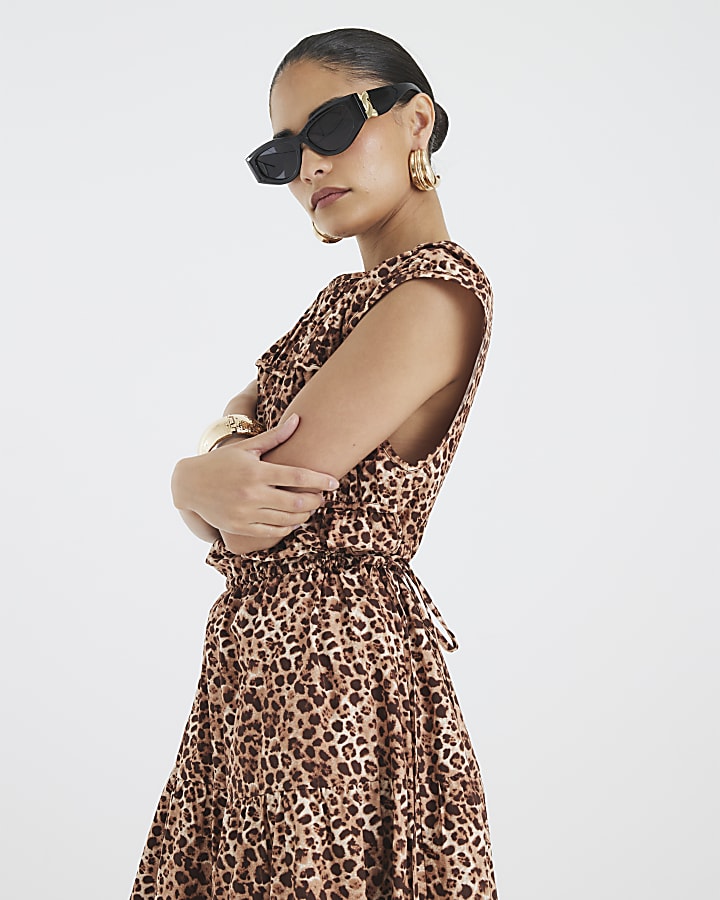 Petite Beige Leopard Print Tiered Maxi Dress