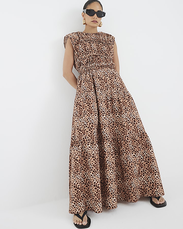 Petite Beige Leopard Print Tiered Maxi Dress