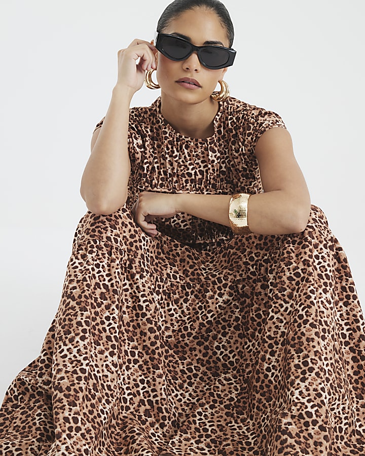 Petite Beige Leopard Print Tiered Maxi Dress