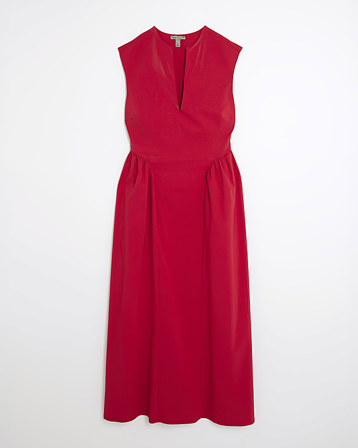 Red Sleeveless V Neck Midi Dress