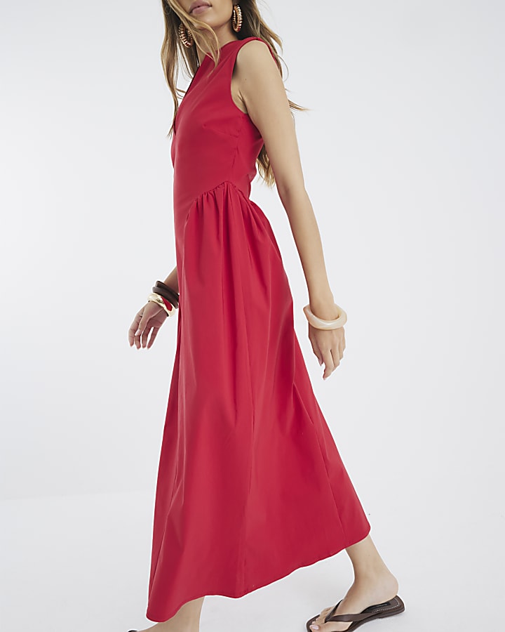 Red Sleeveless V Neck Midi Dress