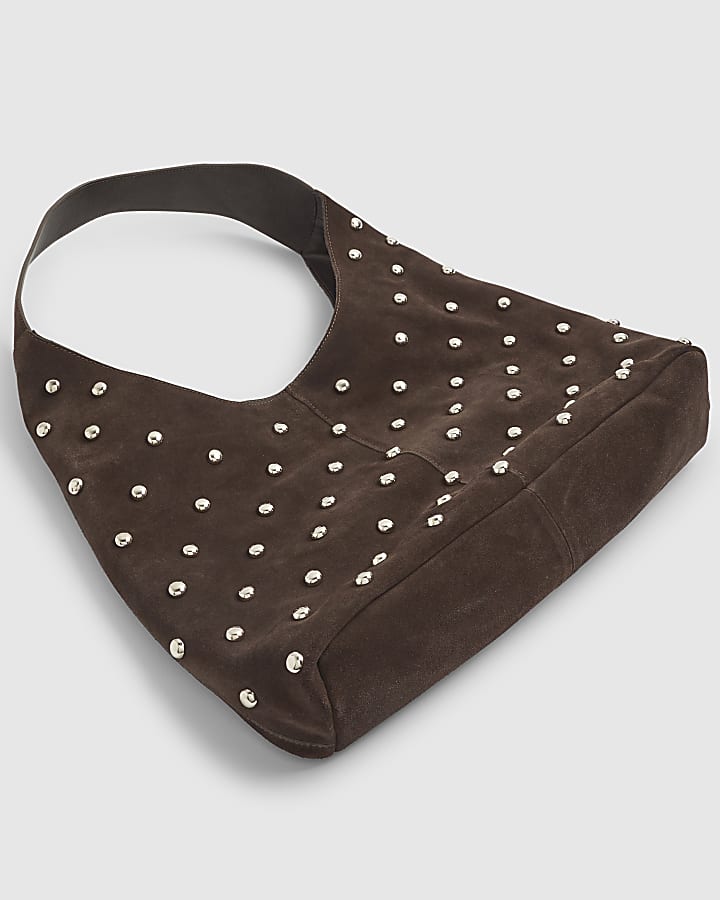 Brown Suede Studded Slouch Shoulder Bag