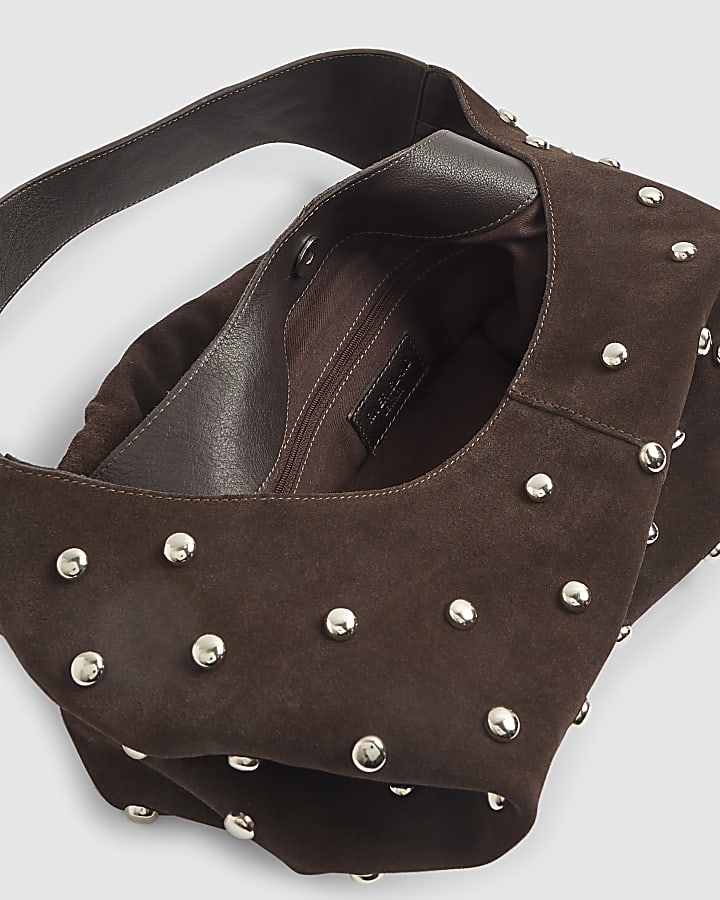 Brown Suede Studded Slouch Shoulder Bag