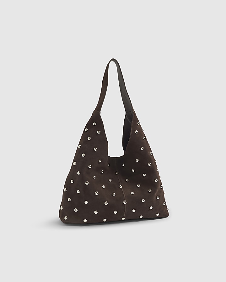 Brown Suede Studded Slouch Shoulder Bag