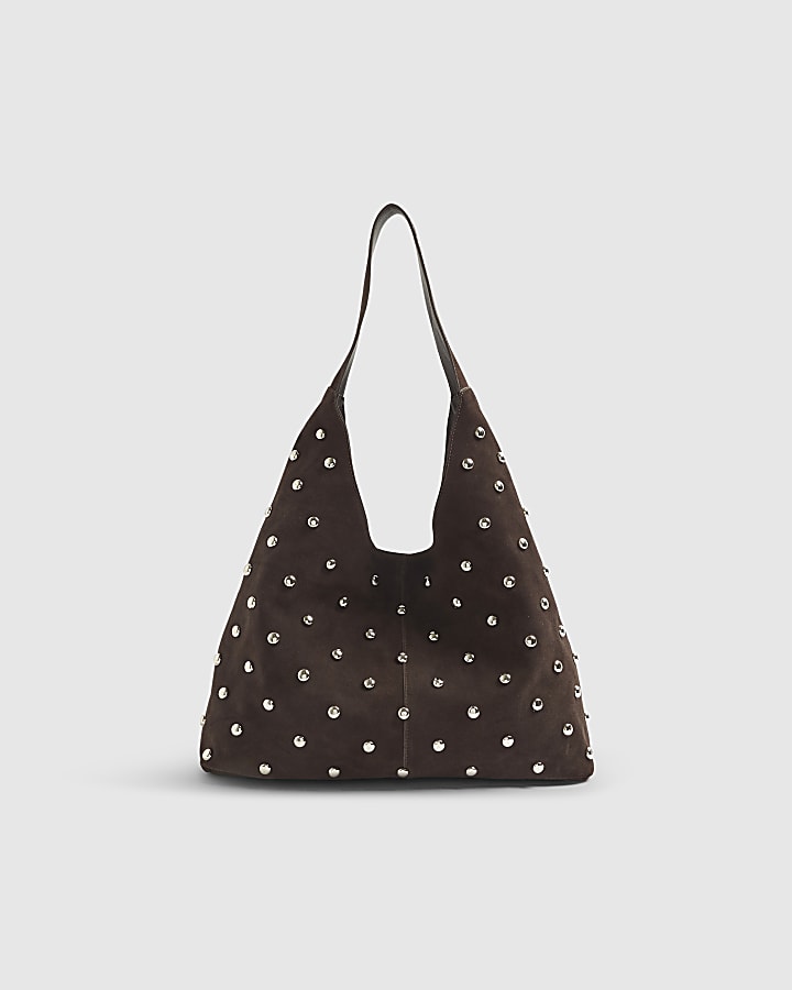 Brown Suede Studded Slouch Shoulder Bag