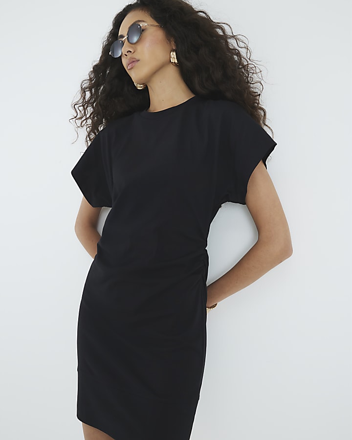 Black Ruched Short Kimono Sleeve Mini Dress