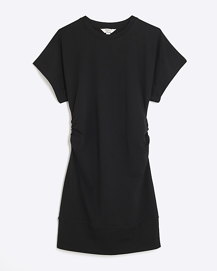 Black Ruched Short Kimono Sleeve Mini Dress