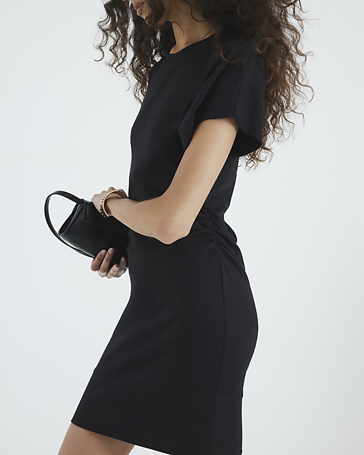 Black Ruched Short Kimono Sleeve Mini Dress