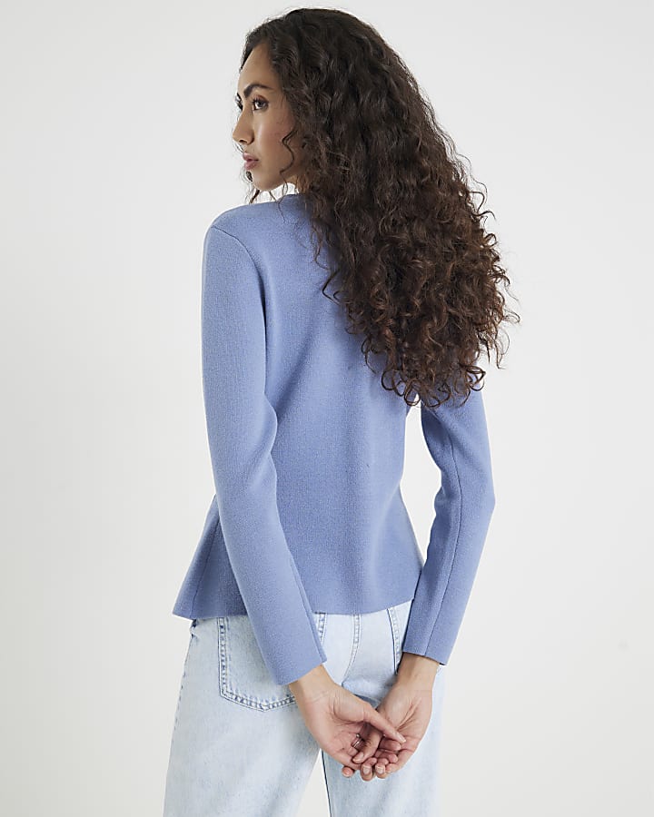 Blue Knitted Button Up Top