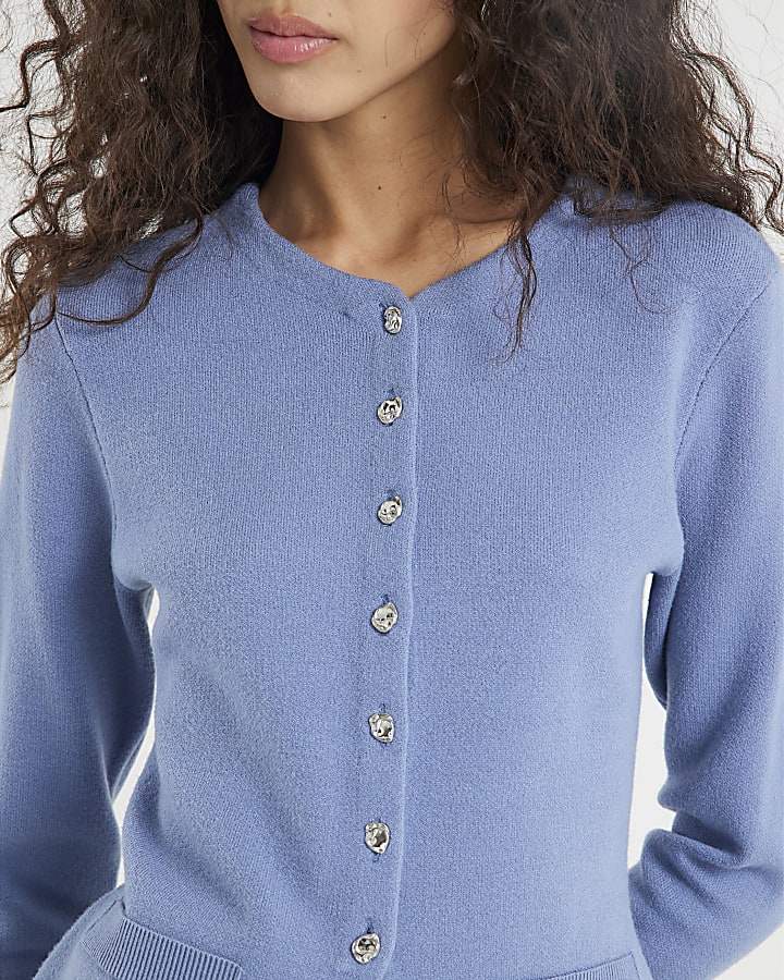 Blue Knitted Button Up Top