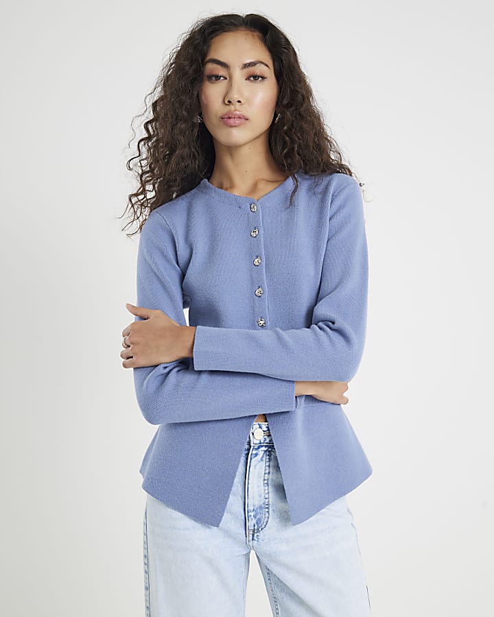 Blue Knitted Button Up Top