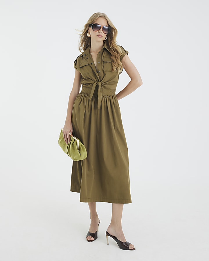 Khaki Utility Midi Dress