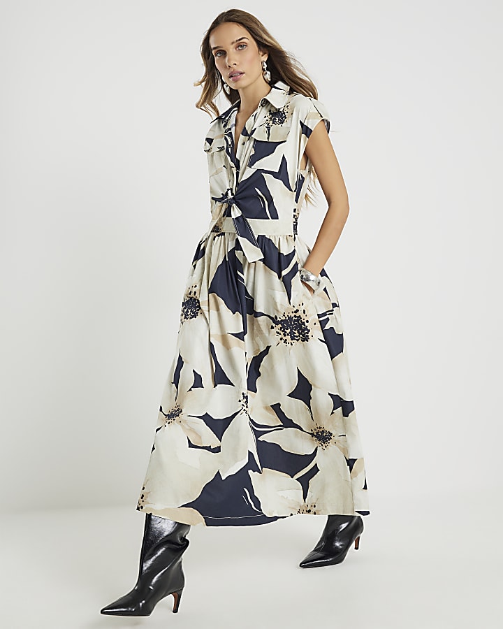 Black Floral Utility Midi Dress