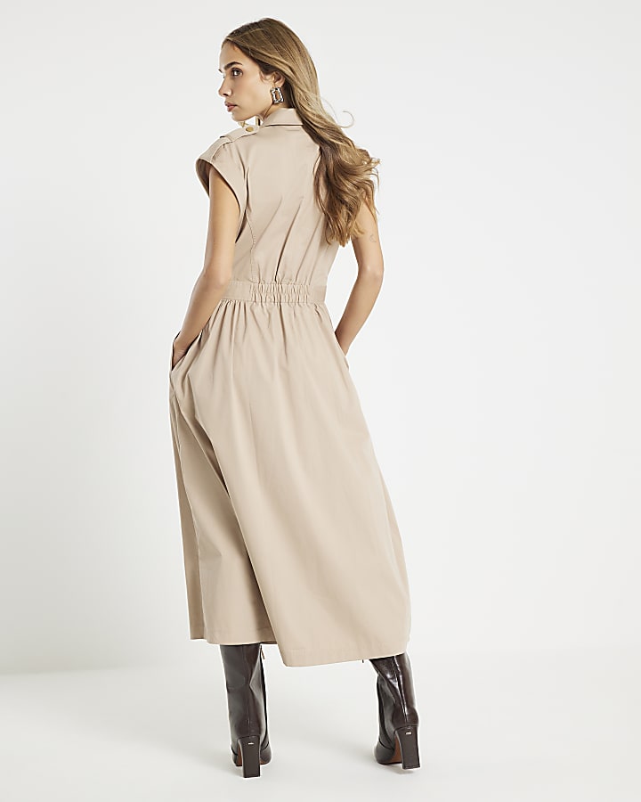 Beige Sleeveless Utility Midi Dress