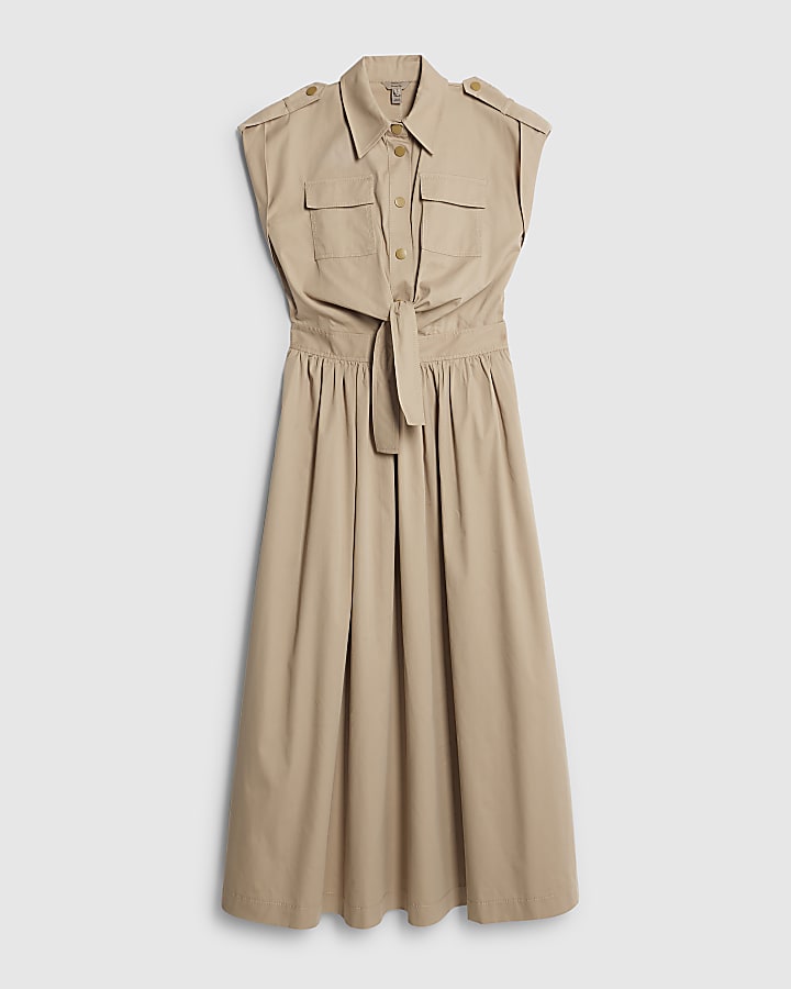 Beige Sleeveless Utility Midi Dress