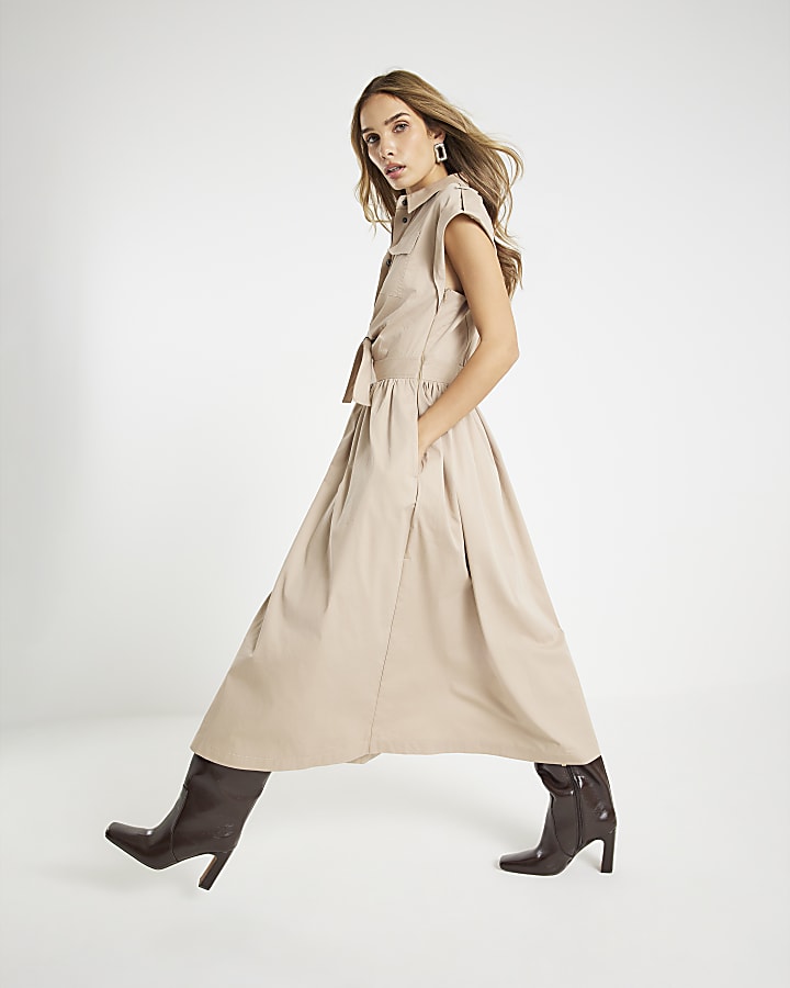 Beige Sleeveless Utility Midi Dress
