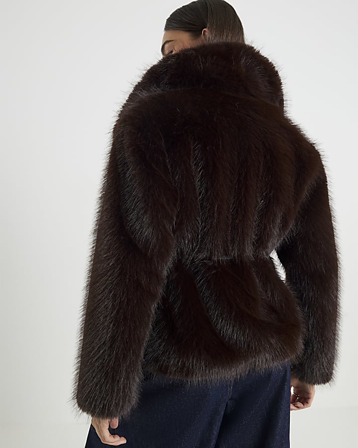 Brown Short Belted Faux Fur Coat