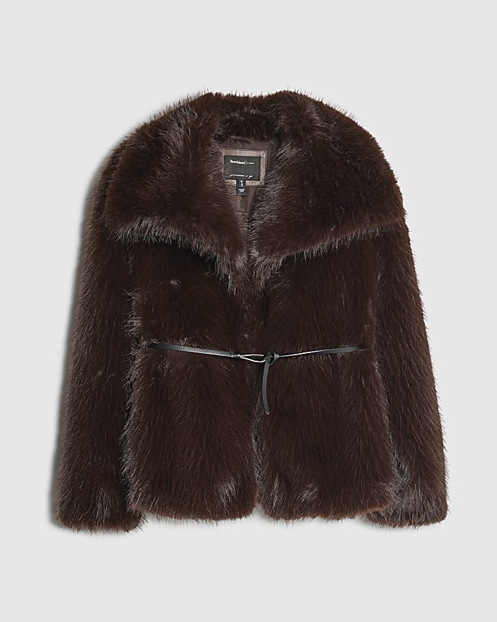 Brown Short Belted Faux Fur Coat