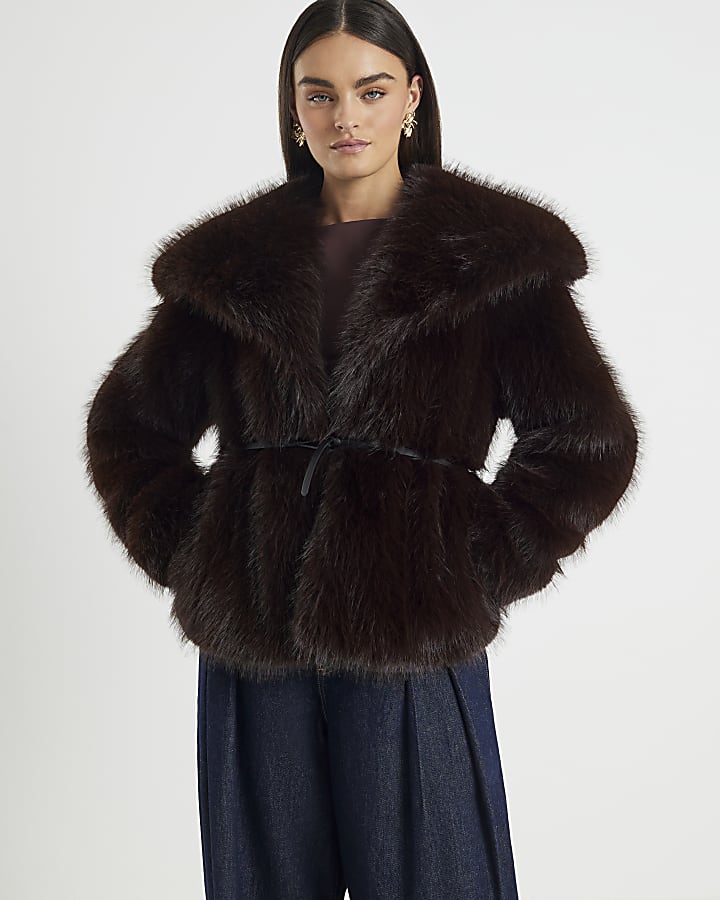 Brown Short Belted Faux Fur Coat