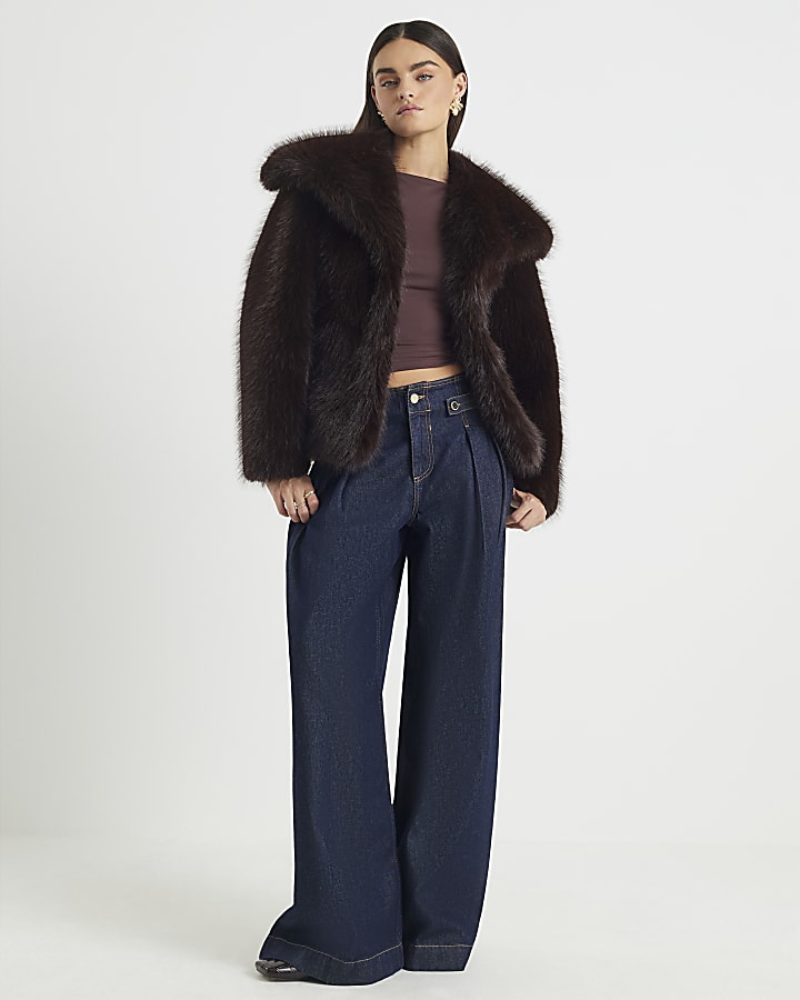 Brown Short Belted Faux Fur Coat