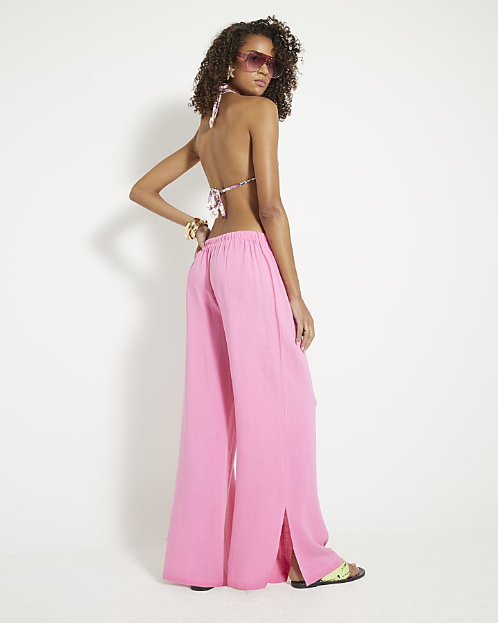 Pink Linen Blend Wide Leg Trousers