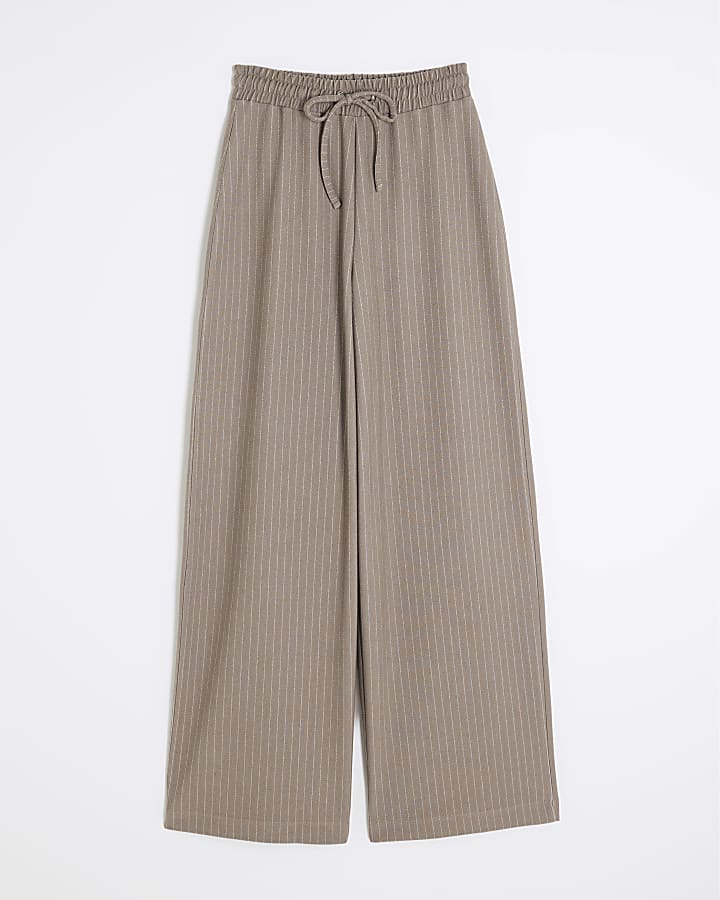 Beige Drawstring Pinstripe Trousers