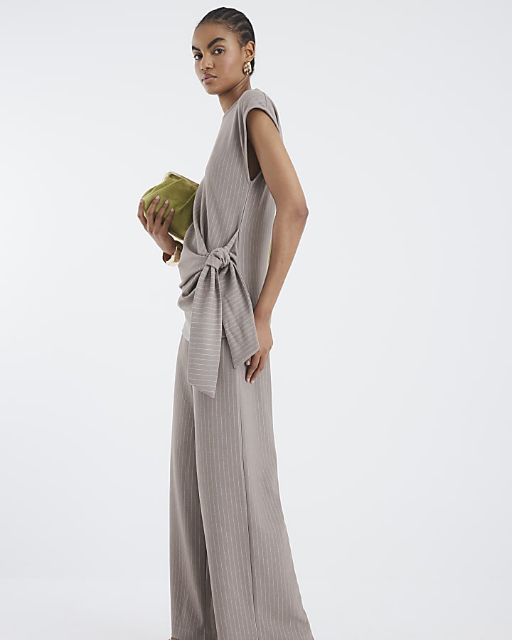 Beige Drawstring Pinstripe Trousers