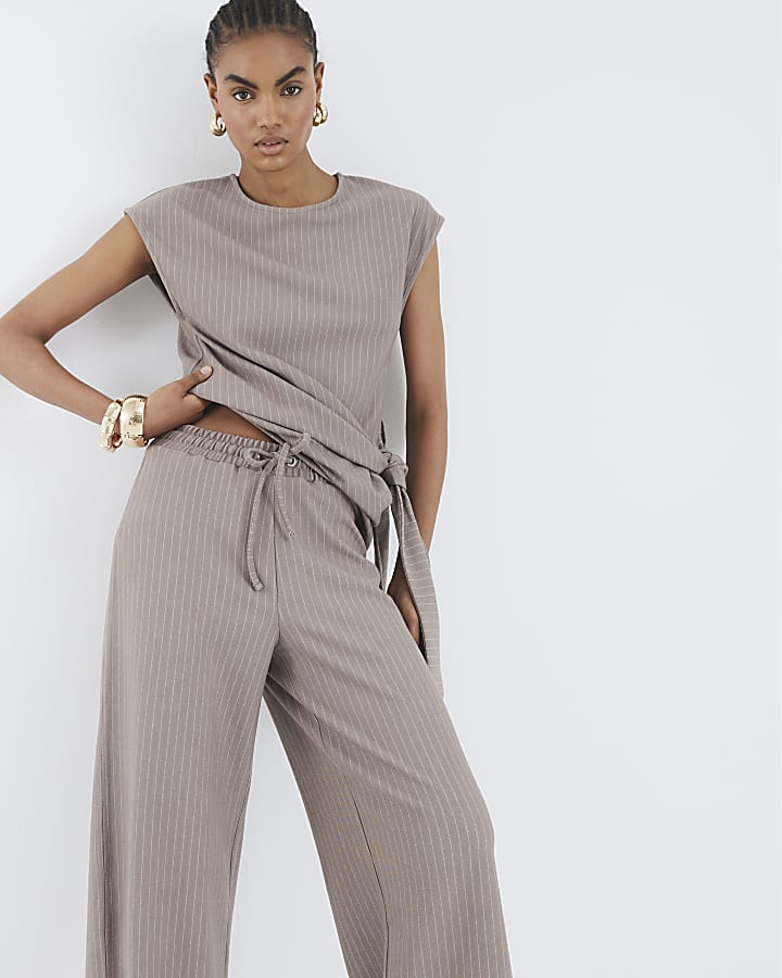 Beige Drawstring Pinstripe Trousers