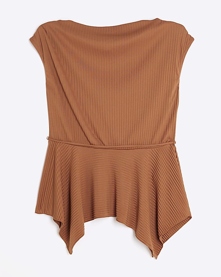 Brown Plisse Sleeveless Peplum Top