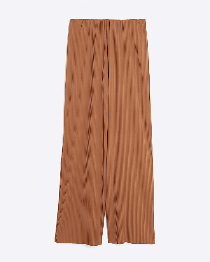 Brown Plisse Wide Leg Trousers
