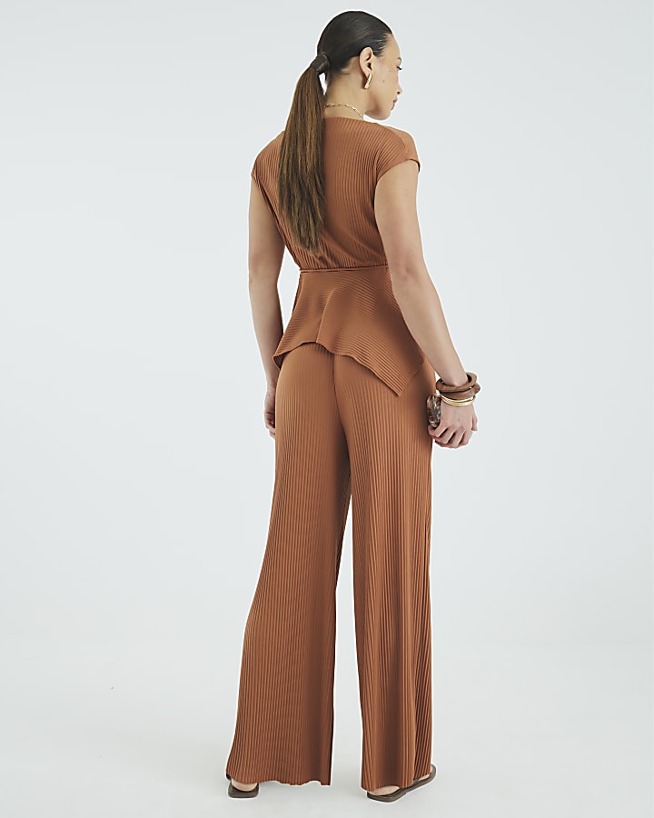 Brown Plisse Wide Leg Trousers